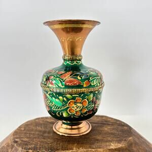 Vintage Handpainted Copper Vase Small Enamel Colorful Floral and Gold